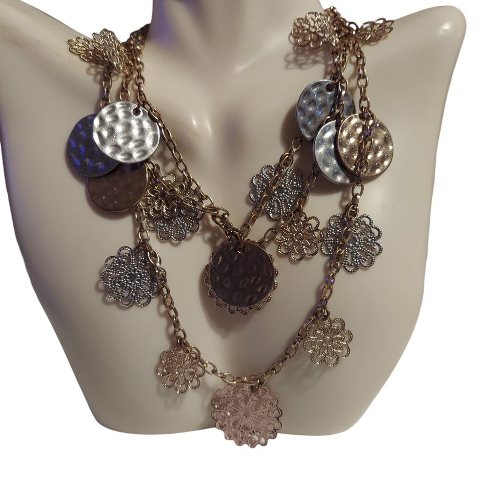 Metal Hammered & Flower Discs on Chain Necklace 24" + 4"